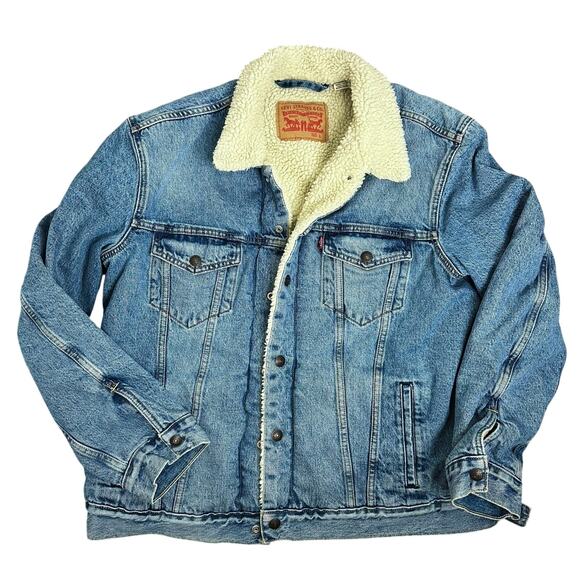 Levi's Denim Sherpa Lined Blue Trucker Jacket Snaps Quilted Sleeve Large Western - Picture 1 of 15